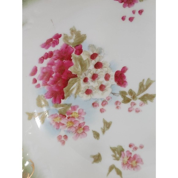 ANTIQUE Possibly German Serving Bowl Green Pink Floral - Picture 2 of 4